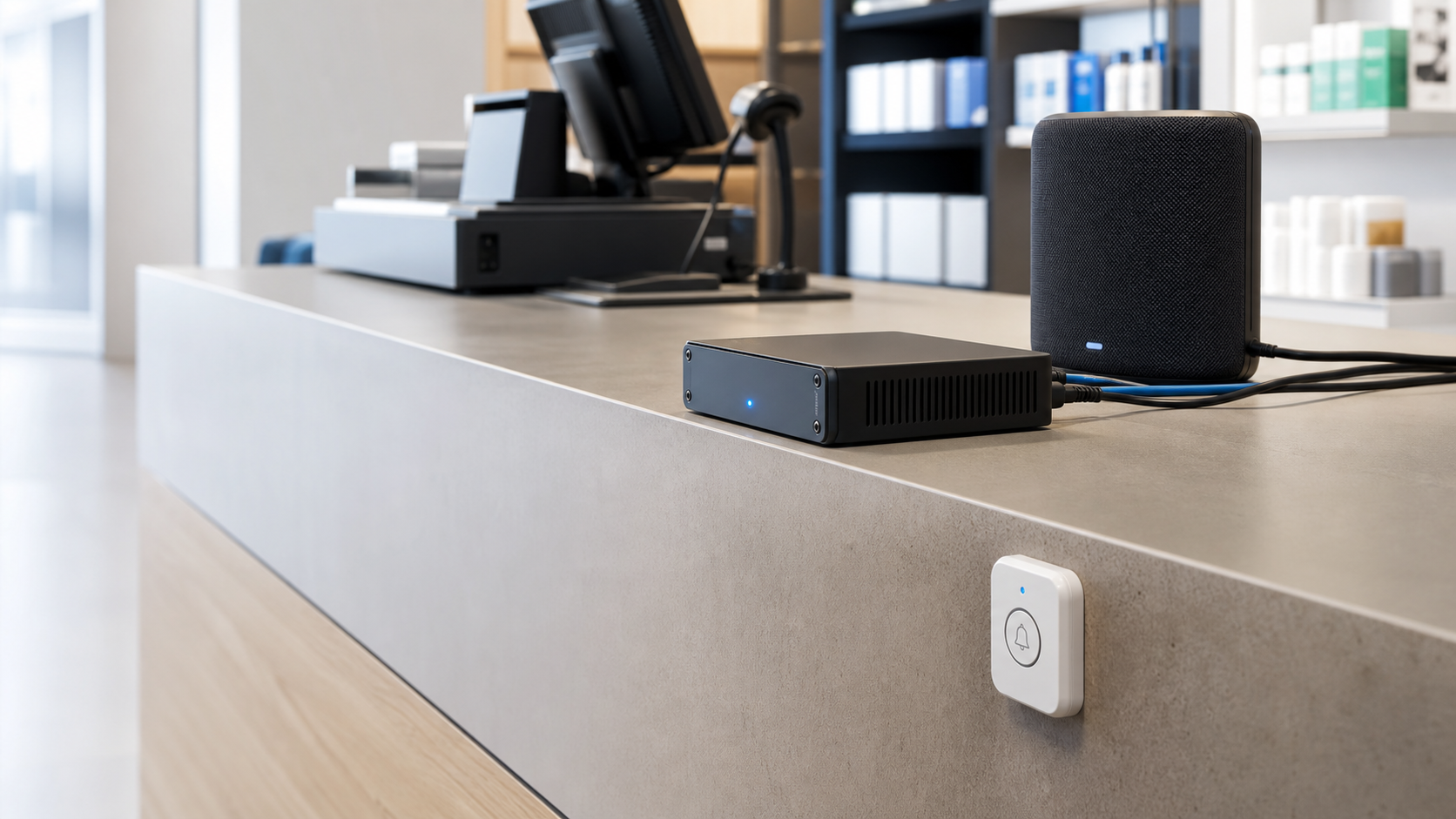 NeedServiceAlert appliance, speaker and service button installed at a counter